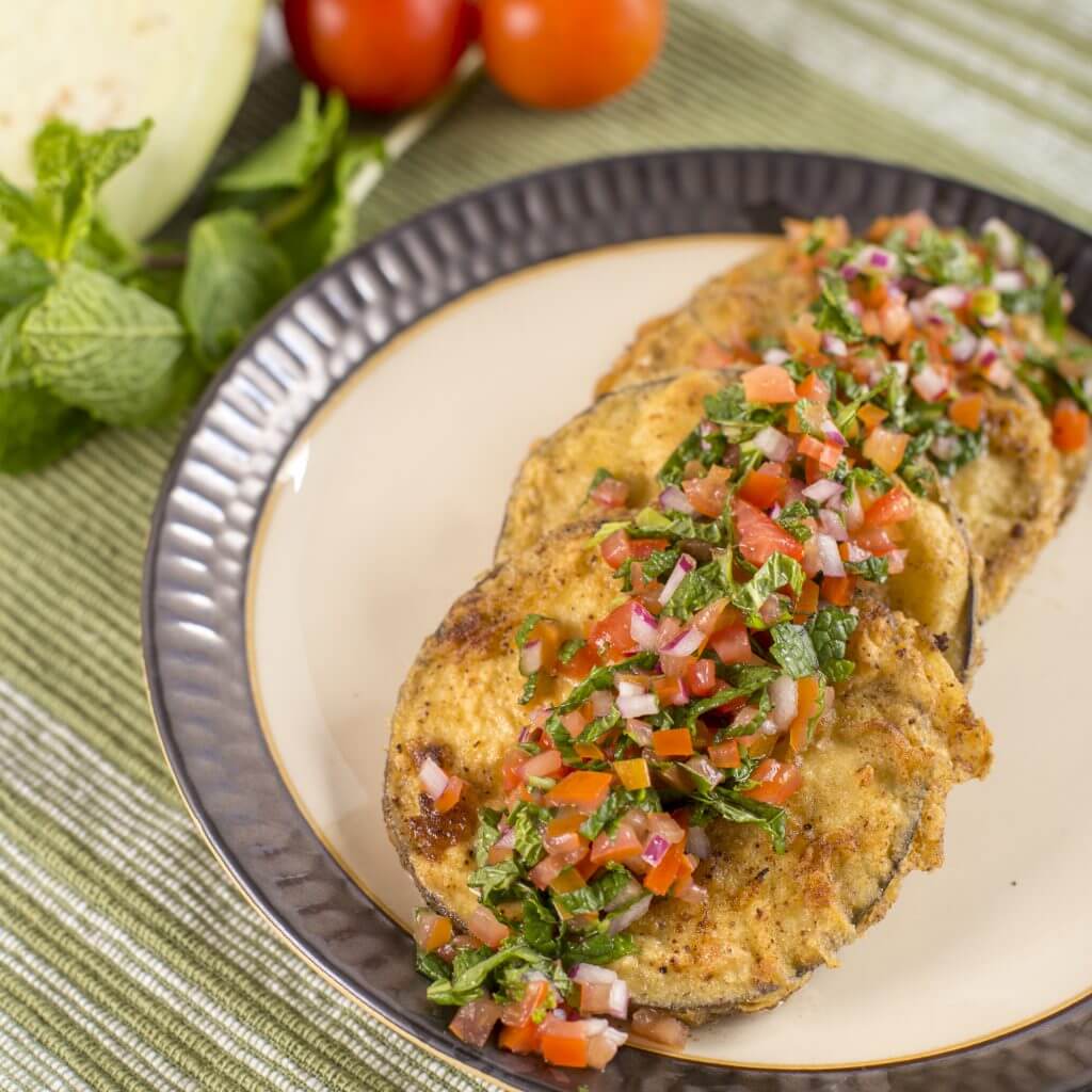 Royal<sup>®</sup> Chakki Atta Fried Eggplant with Tomato Mint Relish