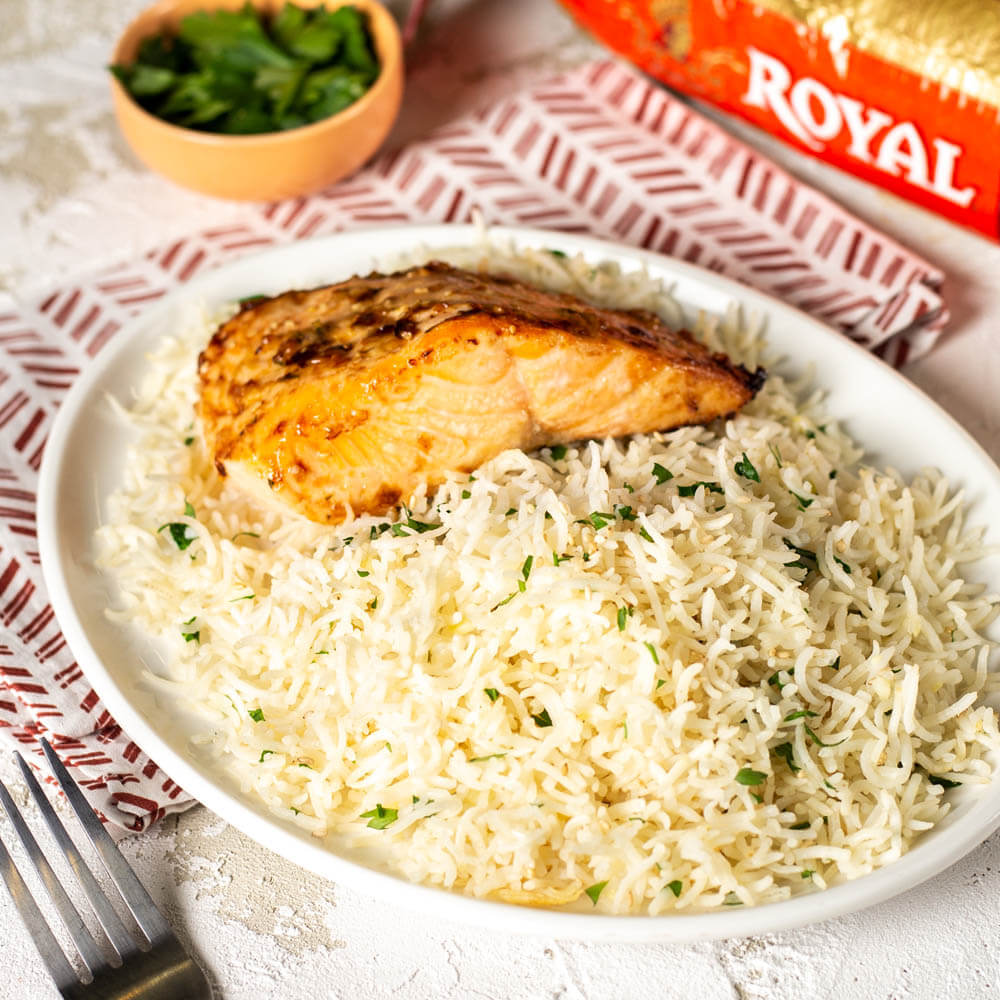 Sesame Garlic Basmati Rice with Oven Roasted Salmon