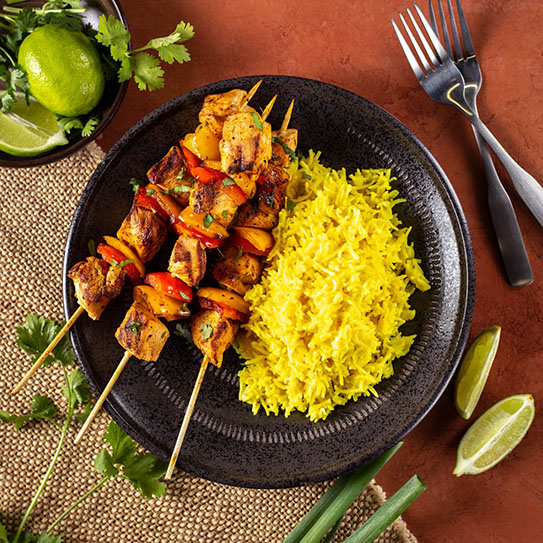 Coconut and Turmeric Basmati Rice with Red Curry Chicken Kabobs
