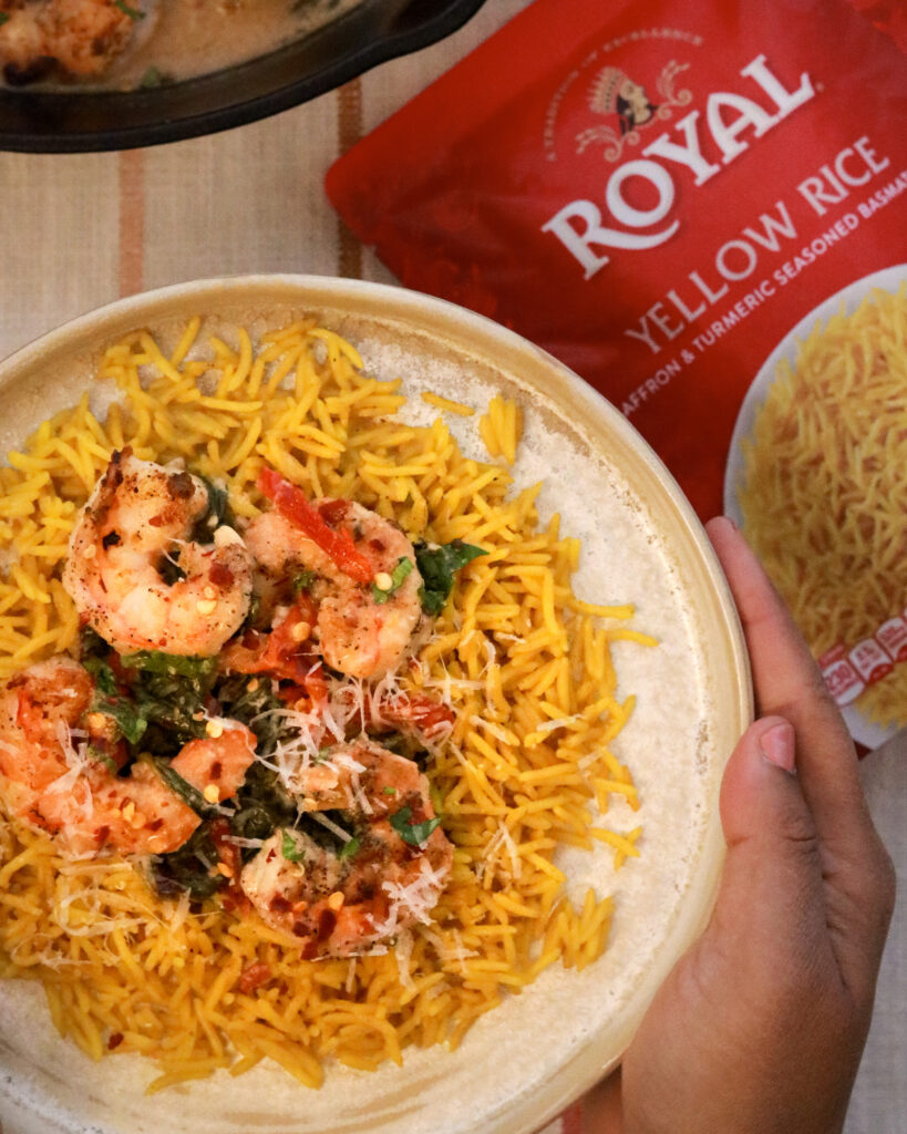 Yellow Rice with Creamy Garlic Shrimp
