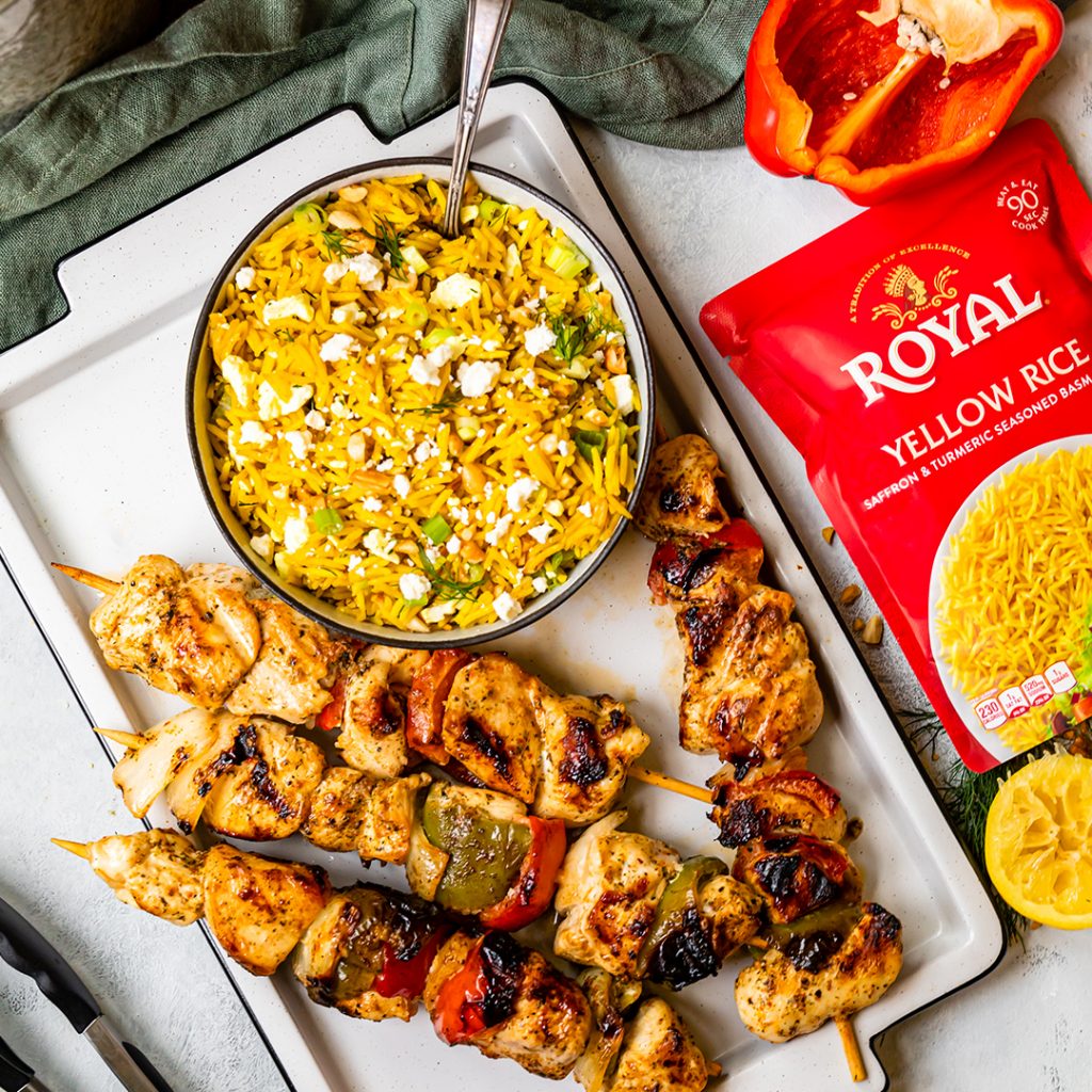 Greek Chicken Kebabs with Lemon Rice