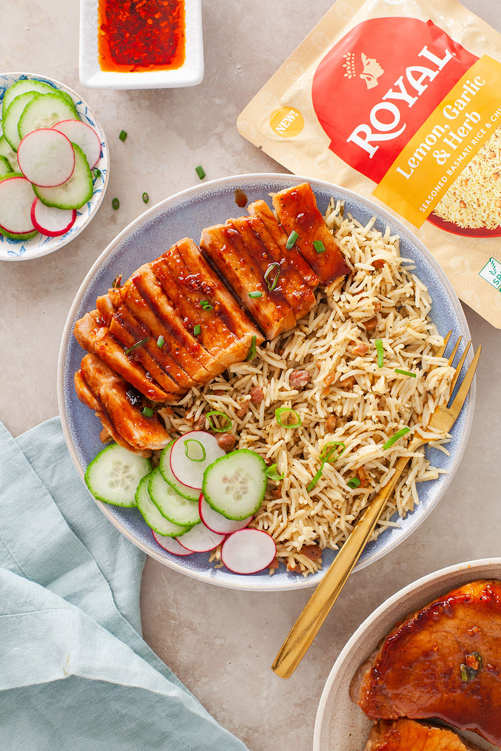 Honey Ginger Glazed Pork Chop with Lemon, Garlic & Herb Basmati Rice