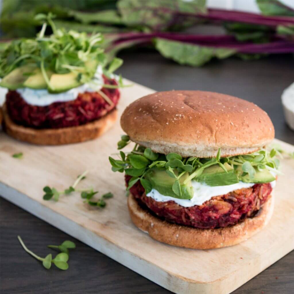 Red Beet and Brown Basmati Rice Burgers with Tzatziki