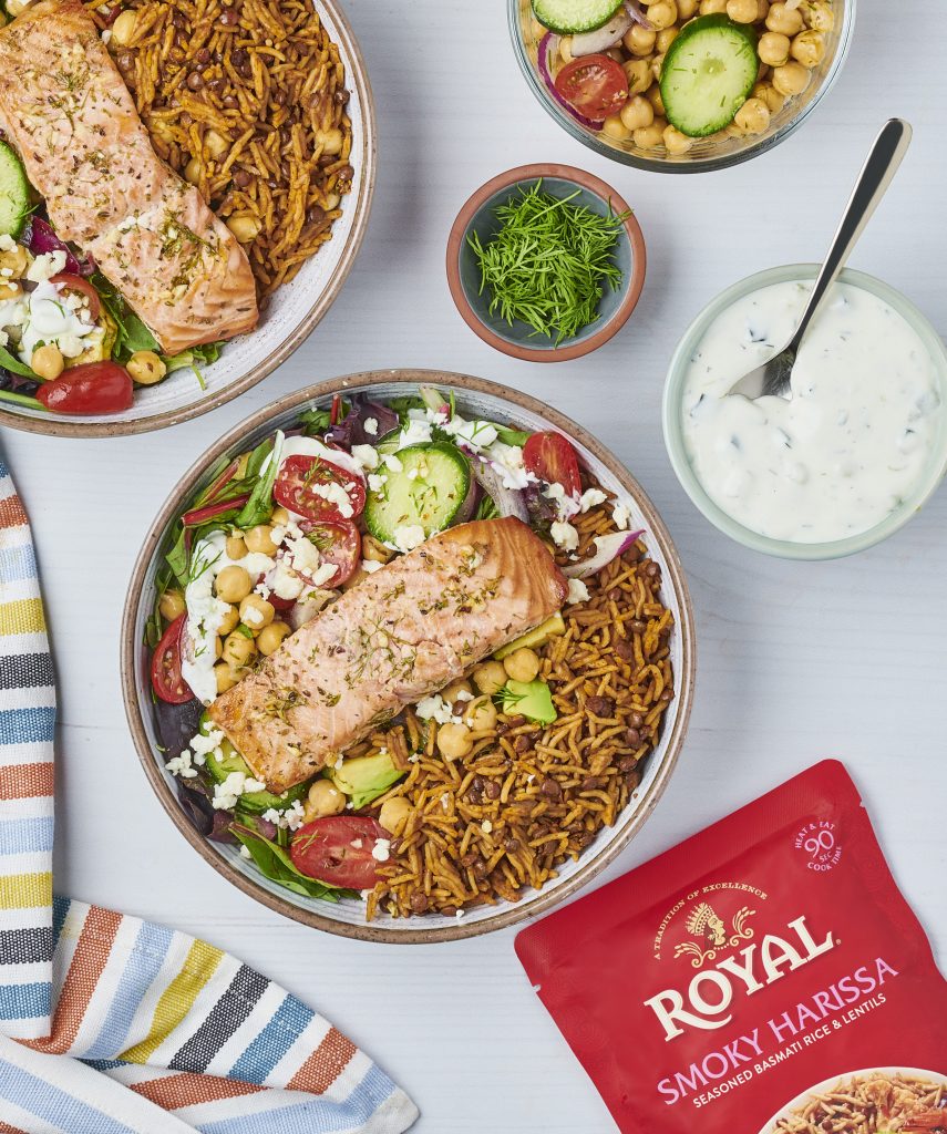 Spring Salmon and Grain Bowl with Lentils & Harissa Rice