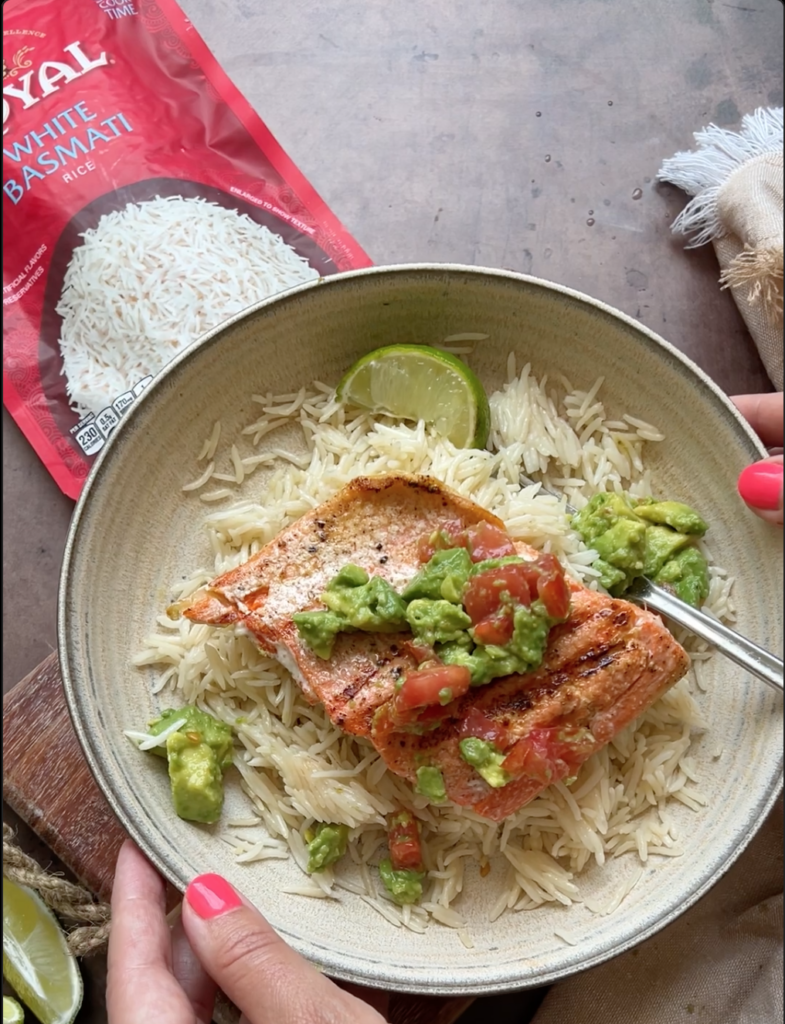 Salmon with Avocado Dressing and Basmati Rice