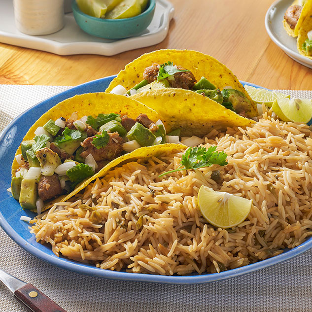 Street Tacos with White Queso and Jalapeno Rice